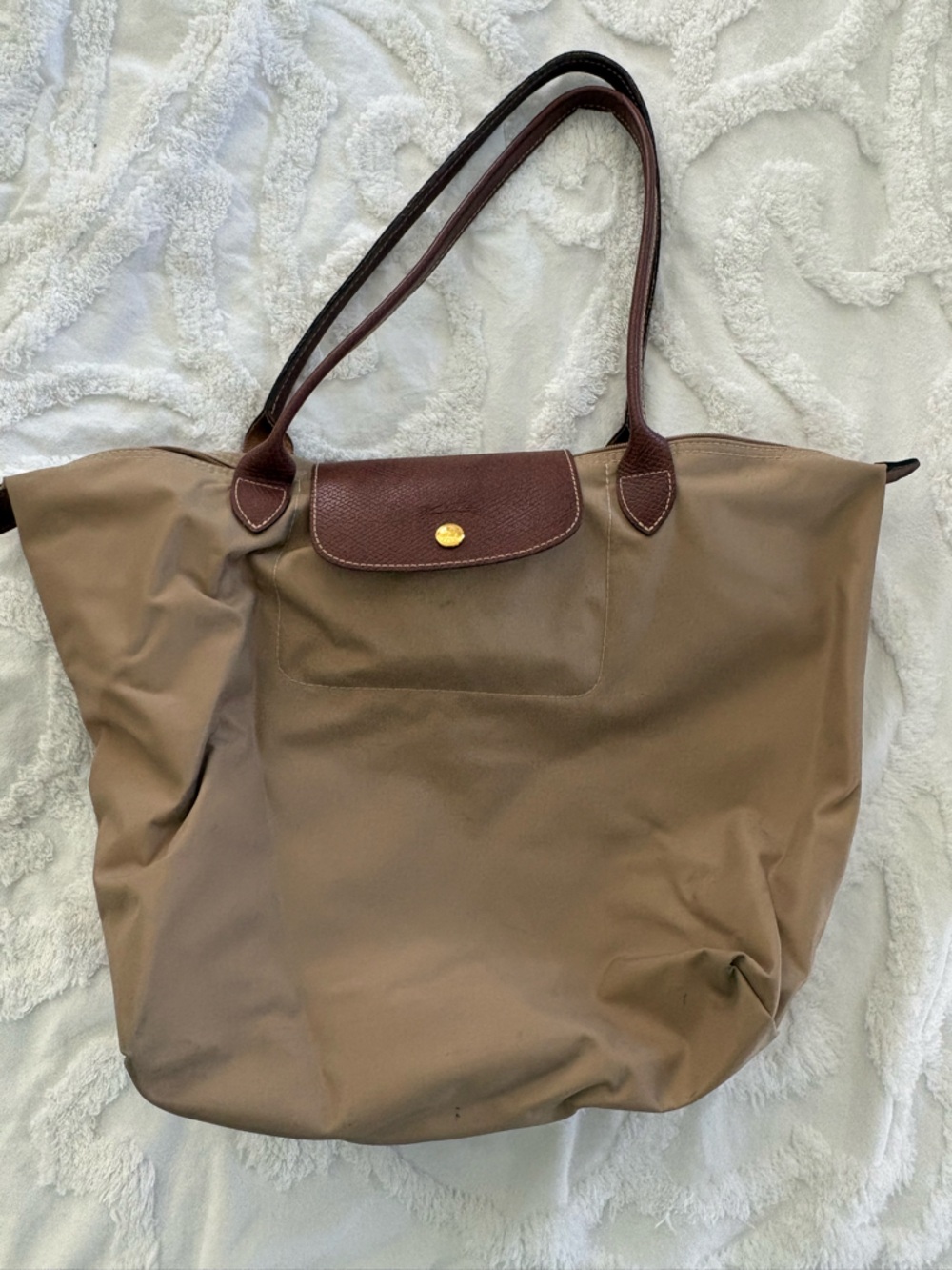 Longchamp Le Pliage Medium Taupe Nylon Tote with Dark Brown Leather Trim